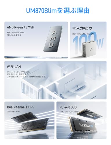 undefined MINISFORUM ミニPC UM870Slim AMD Ryzen 7 8745H (8C/16T) mini pc DDR5 32GB 1TB SSD Windows 11 Pro Radeon 780M ミニパソコン HDMI・USB4・DP 3画面 2.5Gbps LAN・Wi-Fi6E・BT5.3 小型pc の商品画像 1