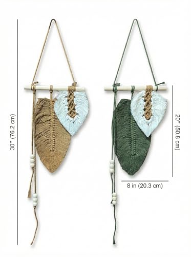 Image of JH Gallery Handmade Macrame Leaf Wall Hanging for Home Decor (Brown, Green, White) - Boho Cotton Leaf Tapestry, Macrame Wall Decor for Bedroom, Living Room & Balcony Decor.(Pack of 2)