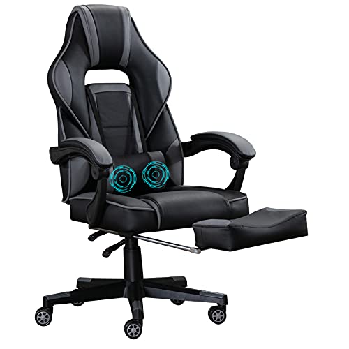 ANJ Racing Style Video Gaming Chairs with Massage PU Leather High Back Ergonomic Computer Game Chair for Office Home, Reclining E-Sport Chair (Black Gray)