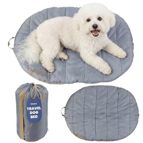 Image of Travel Dog Bed (30 inch x 22 inch) - Foldable & Packable for Travel, Road Trip, Camping - Lightweight, Water Resistant & Cozy with Soft Padding - Compact, Portable & Machine Washable - Small Breeds: Grey