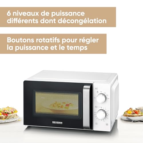 SEVERIN Four à micro-ondes 17 L, Four micro-onde 700 W pour décongeler, chauffer et réchauffer, Micro-onde avec 6 niveaux de puissance, Minuteur 30 min, Plateau tournant (Ø 24,5 cm), Blanc, MW 7885