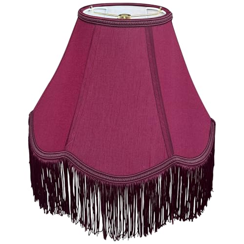 Red Victorian bell lamp shade with scalloped edge and fringe