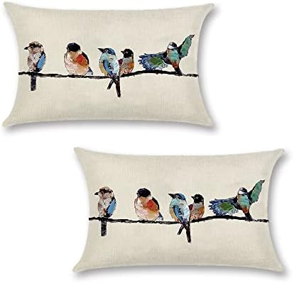 Spring Fall Decorative Lumbar Birds Throw Pillows Covers Cotton Linen Set of 2 Rectangle Hand-Painted Oil Birds Tree Pillow Case,12x20 inches (Lumbar Birds)