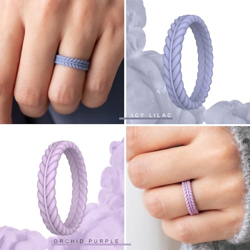 ThunderFit Silicone Wedding Rings for Women, Braided Pattern Engagement Bands 4.6mm Wide 2.2mm Thick - 1/8/9 Variety Multipack3