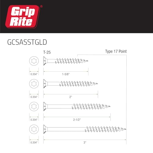 Image of Grip-Rite GCSASSTGLD Wood Screws, 335 Pieces, Alloy Steel, T-25 Star Drive, Flat Head, Zinc Finish, 1-5 /8 inch-3 inch Assorted Sizes