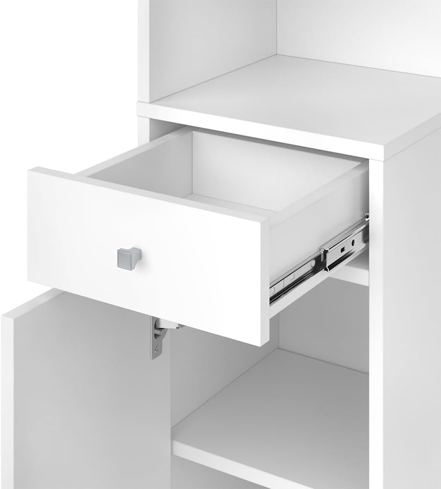 Close-up view of the open drawer of the Vicco Larry Corner Shelf, showing its smooth-gliding mechanism and interior storage space.
