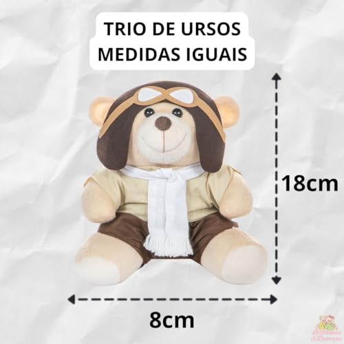 Trio De Ursos 18cm Para Nicho Decoração Menino Aviador Branco Bebê Baby Decoração Quarto Festa Pelúc