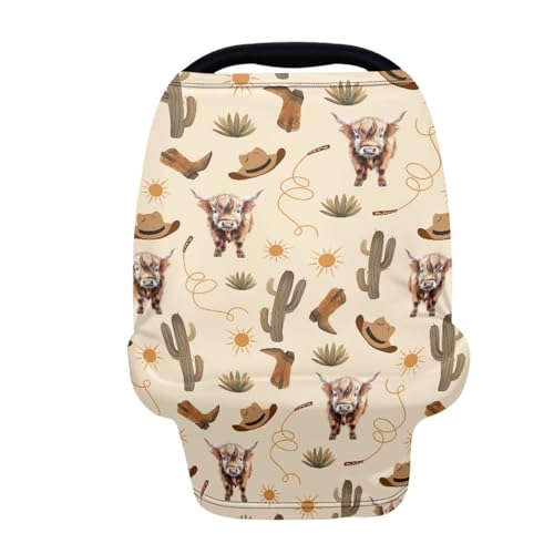 Image of Baby Car Seat Cover for Travel, Western Highland Cow Breastfeeding Cover Stretchy Scarf Infant Carseat Canopy for Stroller,High Chair,Shopping Cart, Baby, Boys and Girls Gifts