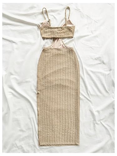 Image of SHENHE Women's Vacation Sexy Cutout Waist Split Camisole Textured Bodycon Summer Dress Apricot Large