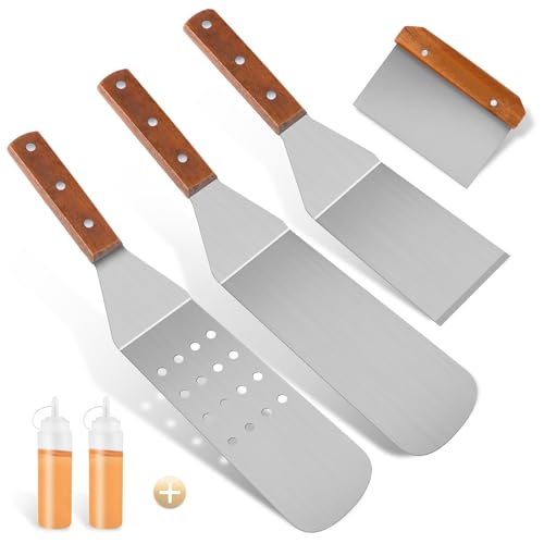 ADNEWX 4 Ensemble de Spatules pour Barbecue, Spatule Plancha en Acier Inoxydable avec 2 Bouteilles à Presser pour Plaque de Cuisson Grill et Cuisson Dessus Plat
