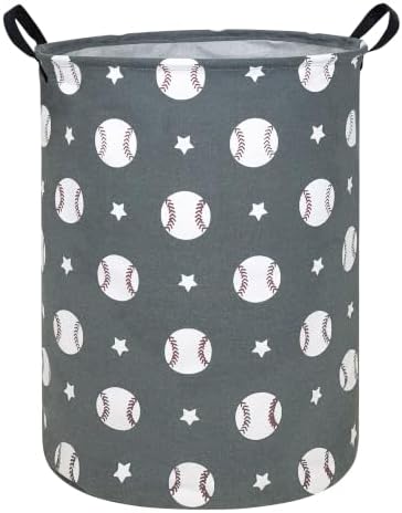 HUNRUNG Round Fabric Collapsible Storage Basket with Handles, Grey Baseball