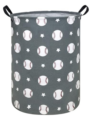 Image of HUNRUNG Round Fabric Collapsible Storage Basket with Handles, Grey Baseball | Waterproof round laundry bin with reinforced handles, collapsible storage for bedroom, bathroom, closet