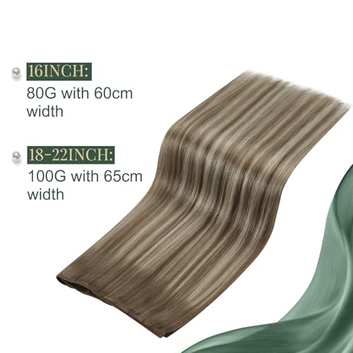 Image of Ugeat Butterfly Weft Human Hair Extensions Light Brown Balayage Hair Extension Butterfly Wefts Real Human Hair Light Brown with Platinum Blonde Ombre Double Side PU and Genius Wefts 16 Inch 80G