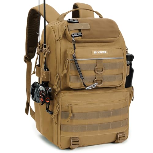 SKYSPER Tackle Backpack Fishing Bags with Rod Holder, 40L Water-Resistant Tackle Box Storage Bag for Fishing Gear Lures(Khaki)