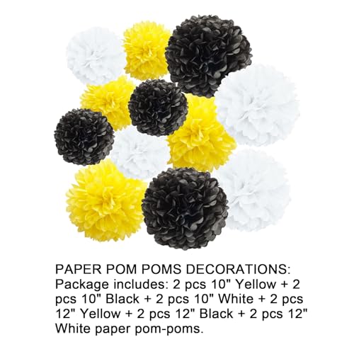 Image of 12pcs Yellow,Black and White Paper Pom Poms Decorations for Party Ceiling Wall Hanging Tissue Flowers Decorations - 3 Colors of 12 Inch, 10 Inch.