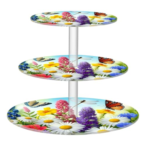 STAYTOP 3-Tier Cupcake Stand,Beautiful Wildflowers and Butterflies Cake Stand Holder, Tiered DIY Cupcake Stand Tower for Dessert Table Displays,Birthday,Weddings, Parties Events