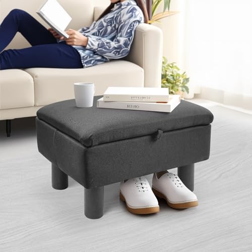 Gemsaya Leinen Pouffe-Fußhocker mit Stauraum, Leinenstoff-Pouf mit Holzbeinen, Aufbewahrungsbox Sitzwürfel mit Deckel für Wohnzimmer Schlafzimmer Flur (Schwarz)