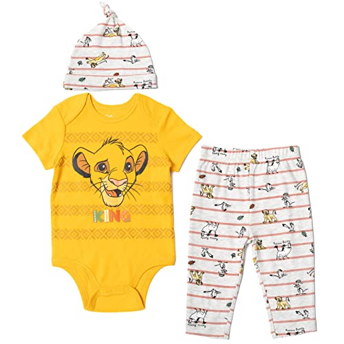 Image of Disney Pixar Toy Story Monsters Inc. Lion King Mickey Mouse Mike Baby Bodysuit Pants and Hat 3 Piece Set Newborn to Infant