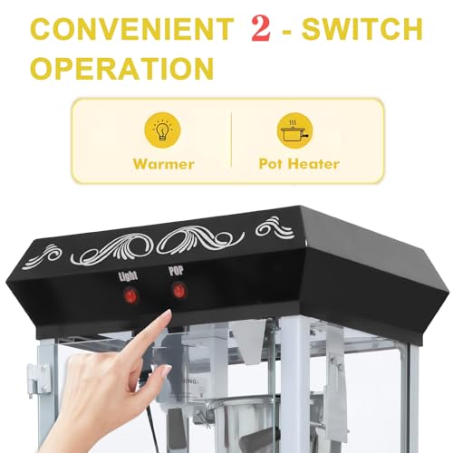 Image of Commercial Popcorn Machine with Cart in Sleek Black - 8oz Kettle Pops 32 Cups /Batch, with Warming Lamp, Glass Door & Wheels for Theater, Parties