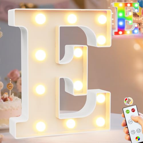Image of Pooqla LED Light Up Letters, Warm White and Colorful Lighted Marquee Letters with Remote, Lighted Letter for Party Birthday Decorations, Gift for Girls Boys Night Light, Wedding Home Decor, Letter E