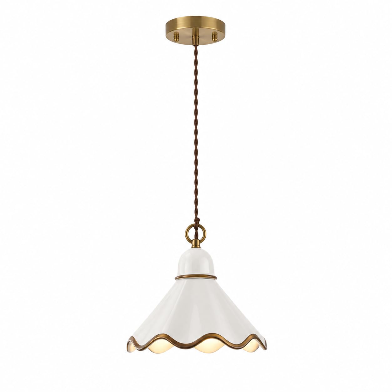 ESIYUVO Vintage Ceramic Pendant Light, White Scalloped Shade with Antique Brass Trim, Adjustable Twisted Cord Hanging Lamp for Kitchen Island, Dining Room, Bedroom, Entryway, Hallway and Home Decor