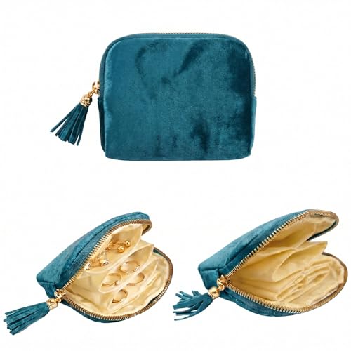 TXTIGER Samt Schmuckkästchen 5-lagiges Reise Schmuckkästchen für Damen Tragbarer Schmuckaufbewahrung für Ohrringe Armbänder Ringe Halsketten Schmucktasche für Reisen und Alltag (Pfauenblau)