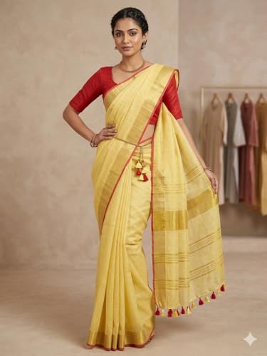 Image of STB-SILK TEXTILES BHAGALPUR Women's Linen Slub Saree With Contrast Blouse Piece