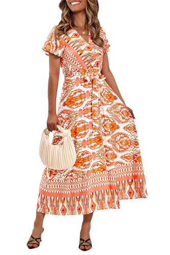 Image of PRETTYGARDEN Women Boho Summer Side Split Deep V Neck Short Sleeves Maxi Dress with Belt