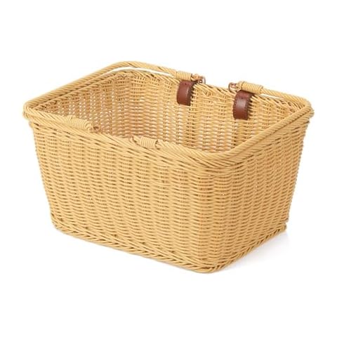 SEHERTIW Bike Basket， Hand Woven Bike Basket with Adjustable Leather Straps，13.1" L x 10.2" Wx 7.1" H Rectangular Bike Basket for Adult，Waterproof Cover
