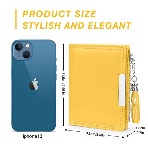 Small Wallet for Women, Leather Compact Bifold Womens Wallet with Zipper Coin Purse (Tasseled Zipper, Yellow)4