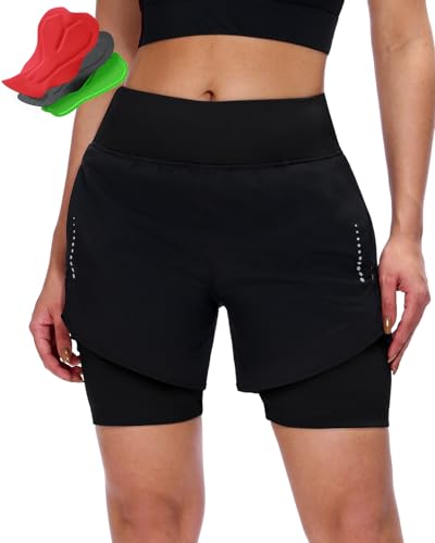 Sportneer Radlerhose Damen Gepolstert mit Tasche MTB Radlerhose Damen Gepolsterte Radhose Damen Radlerhose Mountainbike Radsport Sport Radfahren Outdoor