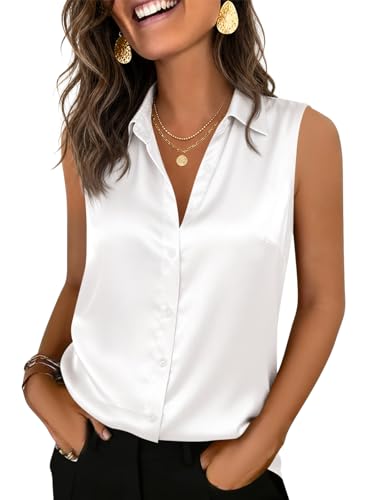 Image of Cicy Bell Womens Summer Satin Tank Tops Silky Casual Dressy V Neck Sleeveless Button Down Shirts Loose Fit Work Blouses