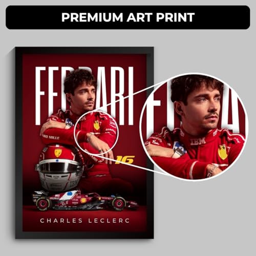 Image of Ferrari F1 Poster | Charles Leclerc Framed Ferrari F1 Car A4 Sized (31 x 23 cm) | Charles Leclerc Poster | Ferrari Car Frame Posters for Wall, Gift for Boys, Formula 1 Frames | Formula 1 Framed (F 093)