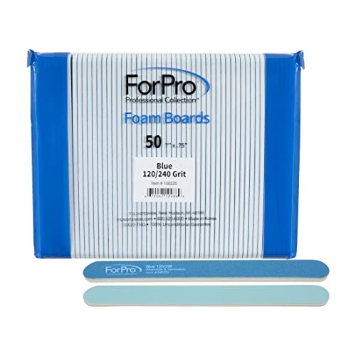 Forpro Professional Collection Blue Foam Board, 120/240 Grit, Mylar Manicure And Pedicure Nail File, 7” L X .75” W, 50 Count #TOP10