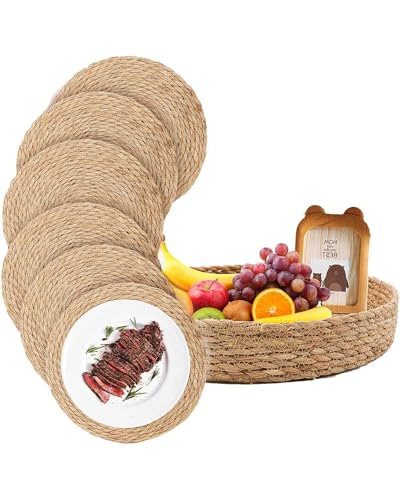 XIUCAI Juego de 6 Manteles Individuales Tejidos Redondos de 30.5cm con Cesta, Mantas de Mesa de Fibra Natural Resistente al Calor para Decoración de Mesa de Comedor Cocina,30.5 cm