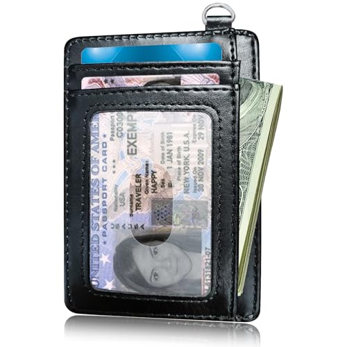 Credit Card Holder Slim Wallet with Wristlet Lanyard,Leather Front Pocket Purse RFID Blocking Wallet Card Case with ID Window for Women & Men-Art Flowers2