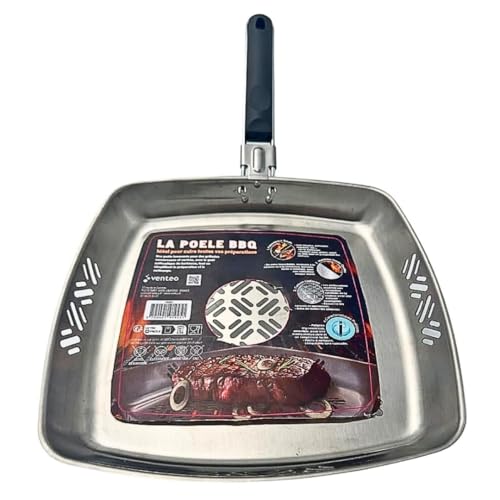 Venteo Poêle Barbecue Inox avec Poignée Ergonomique Amovible | Grille BBQ en Acier Inoxydable Résistant | Cuisson Homogène pour Viandes, Légumes, Poissons...