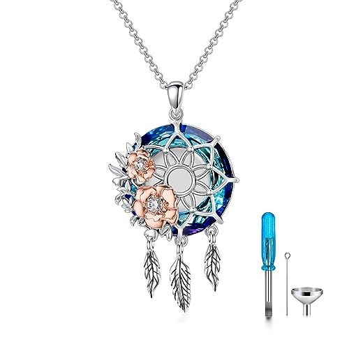 Dream Catcher Crystal Pendant Flower Urn Necklace Jewelry 925 Sterling Silver Keepsake Cremation Necklaces for Human Pet Ashes for Women
