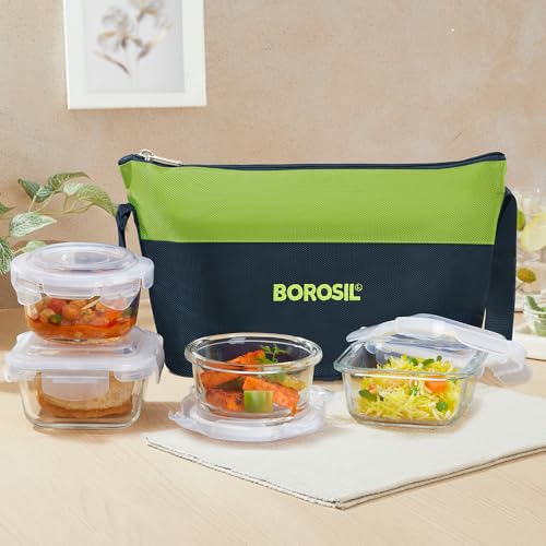 Image of Borosil Daisy Lunchbox with Bag | 4pc Borosilicate Glass Container Set (320ml x 2 Square + 240ml x 2 Round) | Microwave & Dishwasher Safe, Leak Proof | Tiffin for Office, School, College (Alfa Green)