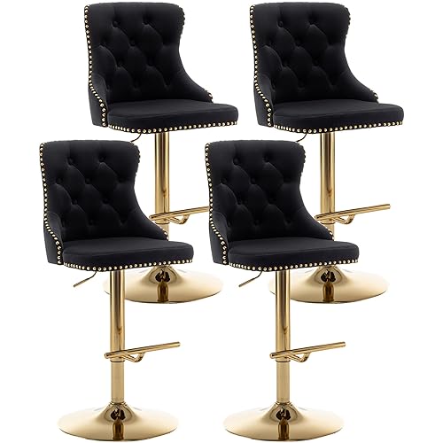 Riknuxi Swivel Bar Stools Set of 4 Counter Height Bar Stools with Button & Nailheads Trim Gold Velvet Barstools for Kitchen Island Pub (Black)