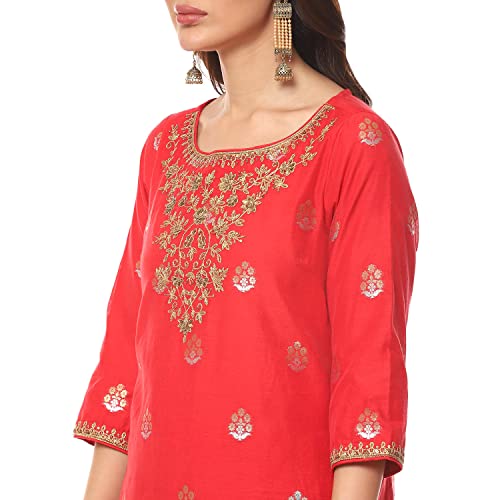 Image of BIBA Women Poly Cotton Straight Embroidered Suit Set