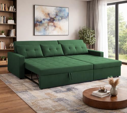 Image of Emilio 4 Seater RHS L - Shape Pull-Out Sofa Cum Bed Sofa for Living Room (Green Fabric Color) Premium Fabric Sofa Set for Living Room Sofa Cum Bed