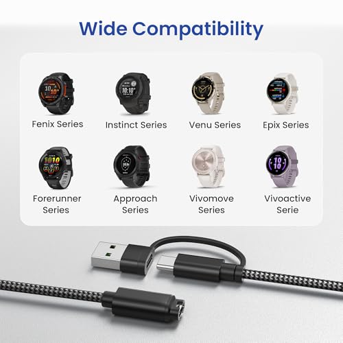 Image of Itramax 2-in-1 USB-A Charging Cable for Garmin 4FT 2Pack,Data Charger Cord for Fenix 8 7 6 5 Plus,Approach S70 S62 S60 S42 S40 G12,Vivomove 3 3S,Quatix 8 7,Tactix 7 Pro,Vivosmart 5,Swim 2