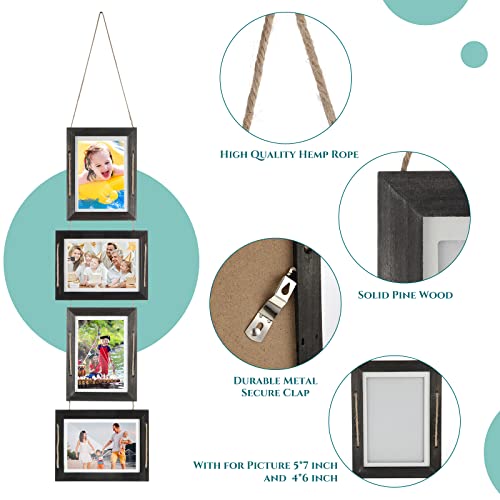 Kathfly 4 Sets 5 X 7 Picture Frame Collage 4 X 6 Inch Hanging Photo Collage Frame Rustic Solid Wood 4 Opening Photo Frame Display For Wall Decor, Black #TOP2