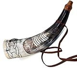Viking War Horn - 16' Genuine Ox-Horn Battle Trumpet - Premium Hand Engraved BOAT Horn Viking Norse Cattle Ancient Horn Bugle Hunting Tool BATTLE HORN BLOWING HORN VIKING BUGLE HORN With Wooden Stand