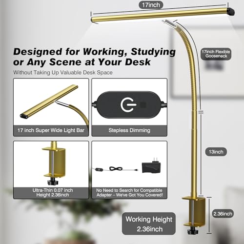 Image of Airlonv LED Desk Lamp for Office Home, Eye-Caring Desk Light with Stepless Dimming Adjustable Flexible Gooseneck, 10W USB Adapter Desk Lamp with Clamp for Reading, Study, Workbench (Gold)