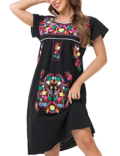 YZXDORWJ Women Mexican Embroidered Long Dress Ruffle Collar Maxi Boho Floral Summer Short Sleeve