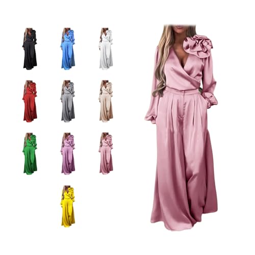 Women's 2 piece Sexy Luxurious and Elegant 3D Flower V-Neck Satin Long Sleeve Top Wide Leg Pants Set
