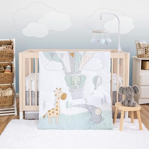 Image of Sammy & Lou Up Up & Away 4-Piece Baby Crib Bedding Set, Includes Quilt, Fitted Crib Sheets Neutral, Crib Skirt, and Plush Toy