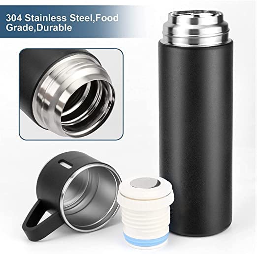 OMKRUSH Double-Wall Stainless Steel Vacuum Thermos Flask with Silicone Handle and Insulated lid Set with 2 Stainless Steel Cups for hot and Cold... - Image 3